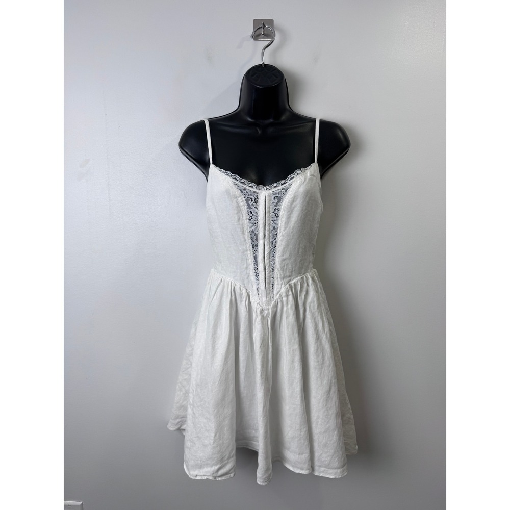 Reformation Women Olina White Mini Dress Linen Lace Trim Smocked Back Size 4